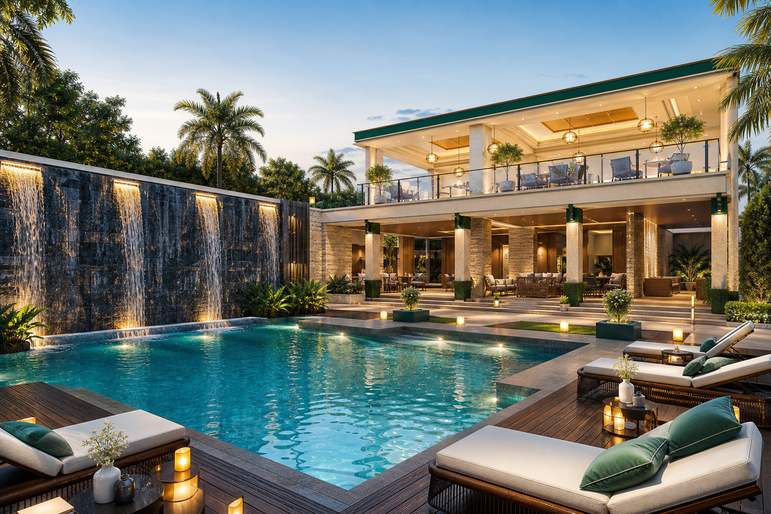 Waterfall swimming pool at Bharat Emerald Villas Jewar